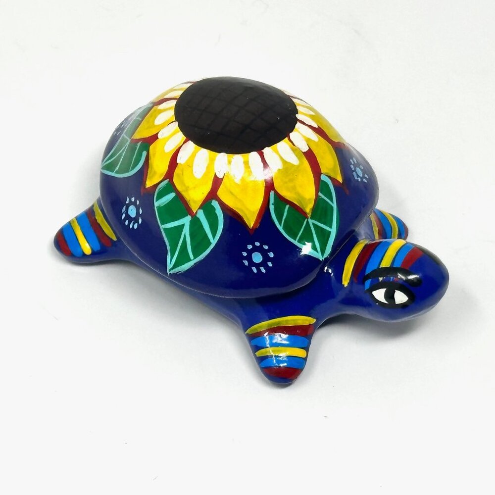Mexican Folk Art Turtle Trinket Holder Colorful Sunflower on Shell 2 Piece Cute!